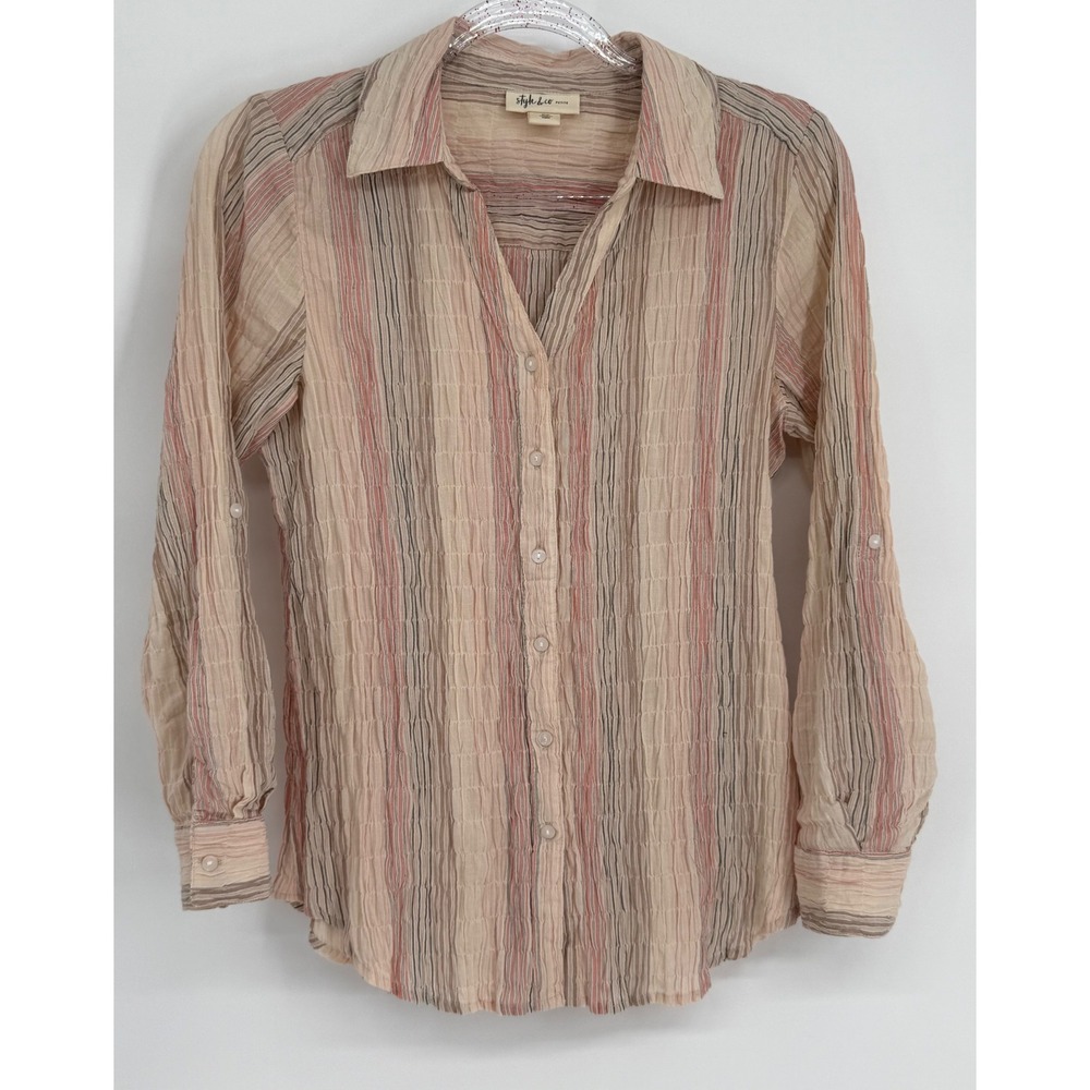 Style & Co Striped Crinkle Button Down Shirt Roll Tab Sleeve Beige Pink Sz pS